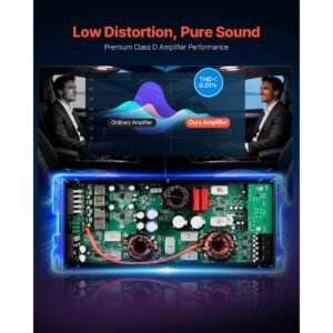 car audio amplifier, 5 channel bridgeable car amplifier, multichannel class d stereo amp, max. 4 x 100w at 4 ohms / 4 x 200w at 2 ohms + 1 x 1000w at 2 ohms / 1 x 500w at 4 ohms, for vehicles