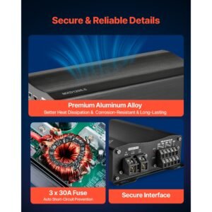 car audio amplifier, 5 channel bridgeable car amplifier, multichannel class d stereo amp, max. 4 x 100w at 4 ohms / 4 x 200w at 2 ohms + 1 x 1000w at 2 ohms / 1 x 500w at 4 ohms, for vehicles