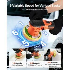 car buffer polisher, 6 inch dual action polisher buffer waxer, 650w 6 variable speeds 2000 6800rpm random orbital polisher kit for cars detailing, waxing, polishing