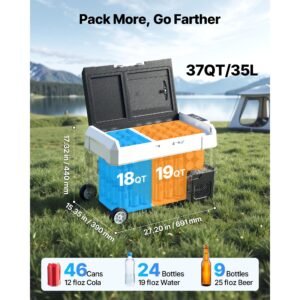 car refrigerator, dc 12/24v ac100 240v compressor electric cooler, 4°f to 68°f truck refrigerator with app control, wheels & dual zone, 37 qt cars cooler for rvs, boats, camping, fishing