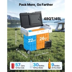 car refrigerator, dc 12/24v ac100 240v compressor electric cooler, 4°f to 68°f truck refrigerator with app control, wheels & dual zone, 48 qt cars cooler for rvs, boats, camping, fishing