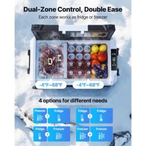 car refrigerator, dc 12/24v ac100 240v compressor electric cooler, 4°f to 68°f truck refrigerator with app control, wheels & dual zone, 58 qt cars cooler for rvs, boats, camping, fishing