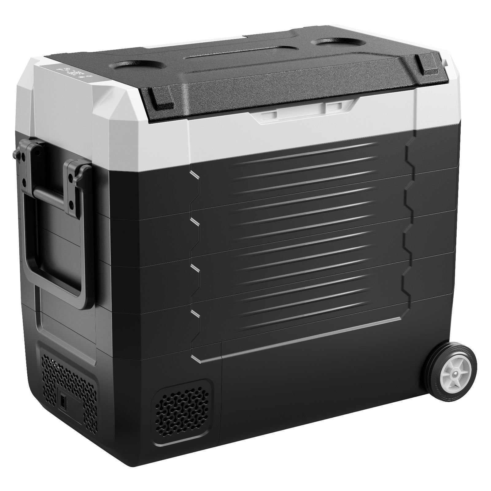 car refrigerator, dc 12/24v ac100 240v compressor electric cooler, 4°f to 68°f truck refrigerator with app control, wheels & dual zone, 58 qt cars cooler for rvs, boats, camping, fishing