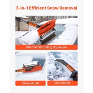car snow brush, 3 in 1 snow remover for car windshield with 180° pivoting brush head, squeegee & ice scraper, 34.3" 42.1" extendable aluminum handle and foam grip for cars, truck, suv, rv