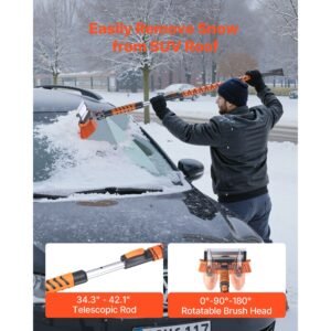 car snow brush, 3 in 1 snow remover for car windshield with 180° pivoting brush head, squeegee & ice scraper, 34.3" 42.1" extendable aluminum handle and foam grip for cars, truck, suv, rv