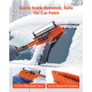 car snow brush, 3 in 1 snow remover for car windshield with 180° pivoting brush head, squeegee & ice scraper, 34.3" 42.1" extendable aluminum handle and foam grip for cars, truck, suv, rv
