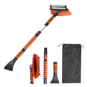Car Snow Brush, 3-in-1 Snow Remover for Car Windshield - with 180° Pivoting Brush Head, Squeegee & Ice Scraper, 34.3"-42.1" Extendable Aluminum Handle and Foam Grip for Cars, Truck, SUV, RV