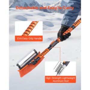 car snow brush, 3 in 1 snow remover for car windshield with 180° pivoting brush head, squeegee & ice scraper, 34.3" 42.1" extendable aluminum handle and foam grip for cars, truck, suv, rv