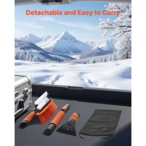 car snow brush, 3 in 1 snow remover for car windshield with 180° pivoting brush head, squeegee & ice scraper, 34.3" 42.1" extendable aluminum handle and foam grip for cars, truck, suv, rv