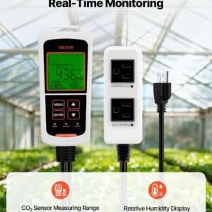 carbon dioxide monitoring controller, dual outlets co2 monitor & controller, carbon dioxide sensor day and night detection feature, ndir co2 sensor for greenhouse, laboratories, classrooms, home