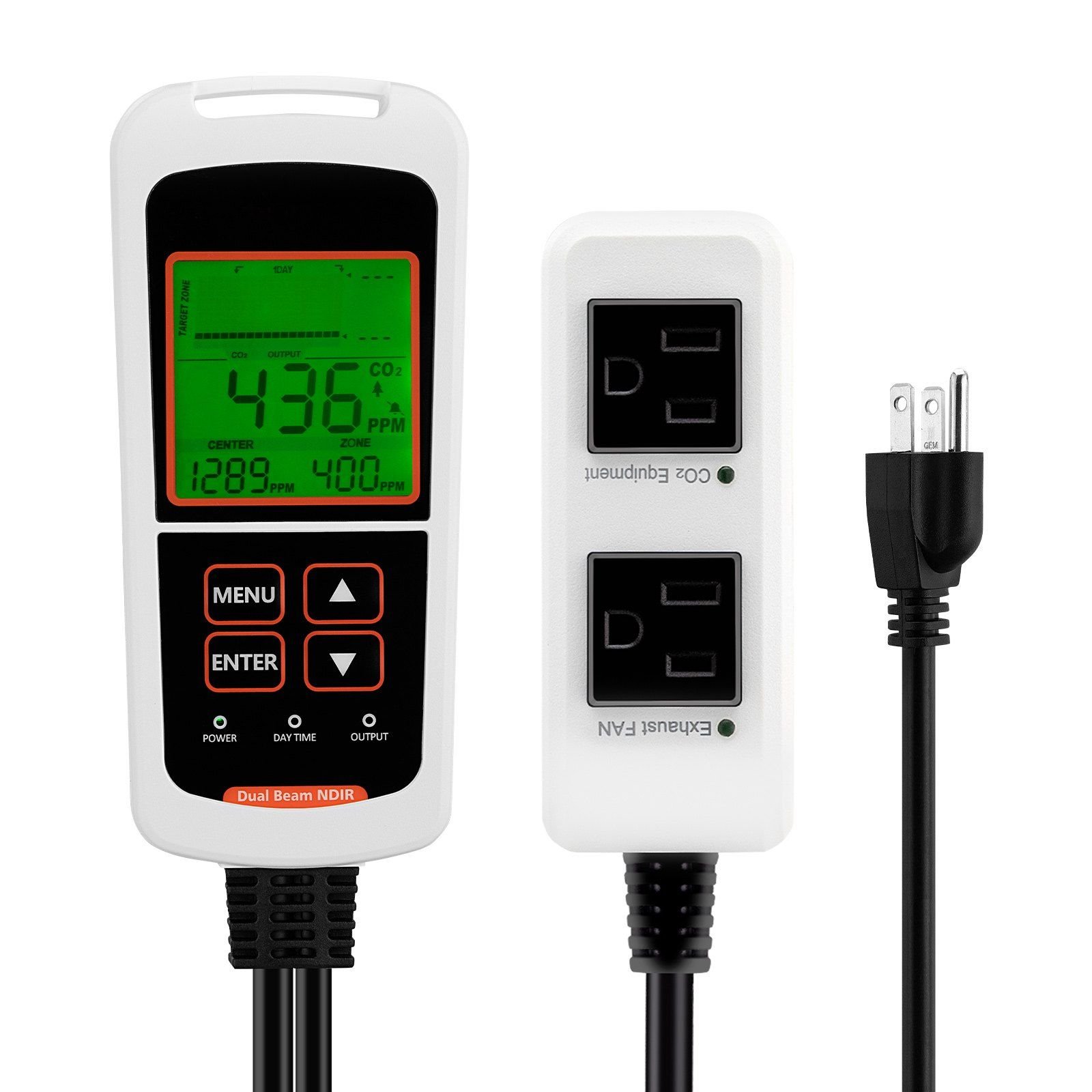 carbon dioxide monitoring controller, dual outlets co2 monitor & controller, carbon dioxide sensor day and night detection feature, ndir co2 sensor for greenhouse, laboratories, classrooms, home