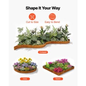 carbon steel landscape edging, 40 ft x 6 in steel edging for landscaping with gloves, easy to install bendable metal strips, metal garden edge border for flower bed, yard pathway, rust
