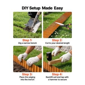 carbon steel landscape edging, 40 ft x 6 in steel edging for landscaping with gloves, easy to install bendable metal strips, metal garden edge border for flower bed, yard pathway, rust