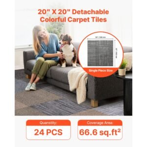 carpet tiles reusable 20x20 inch, 24 pcs modular carpet square rug, commercial floor soft padded for seamless cover 66.6sq.ft, easy diy replacement for living room bedroom indoor,multicolor