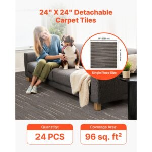 carpet tiles reusable 24x24 inch, 24 pcs modular carpet square rug, commercial floor soft padded for seamless cover 96sq.ft, easy diy for living room bedroom office indoor,dark brown