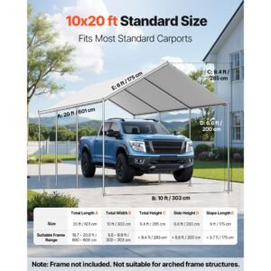 carport replacement canopy, 10 x 20 ft potable garage tent top tarp, uv resistant & waterproof car shelter tarp, heavy duty car port cover with ball buggees, grey, frame not included