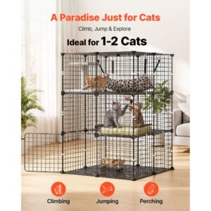 cat cage 3 tier 27.99"x27.99"x40.98" diy cat playpen with hammock, indoor enclosure detachable metal wire kennel crate, large exercise place ideal for 1 2 cats, kittens & small animals, black
