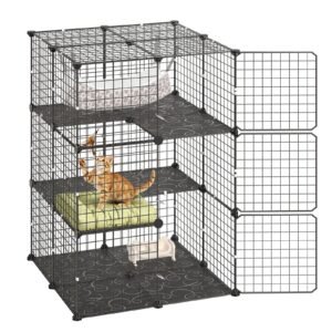 Cat Cage 3-Tier 27.99"x27.99"x40.98" DIY Cat Playpen with Hammock, Indoor Enclosure Detachable Metal Wire Kennel Crate, Large Exercise Place Ideal for 1-2 Cats, Kittens & Small Animals, Black