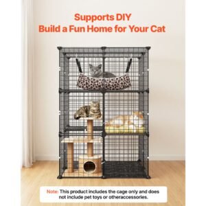 cat cage 3 tier 27.99"x27.99"x40.98" diy cat playpen with hammock, indoor enclosure detachable metal wire kennel crate, large exercise place ideal for 1 2 cats, kittens & small animals, black