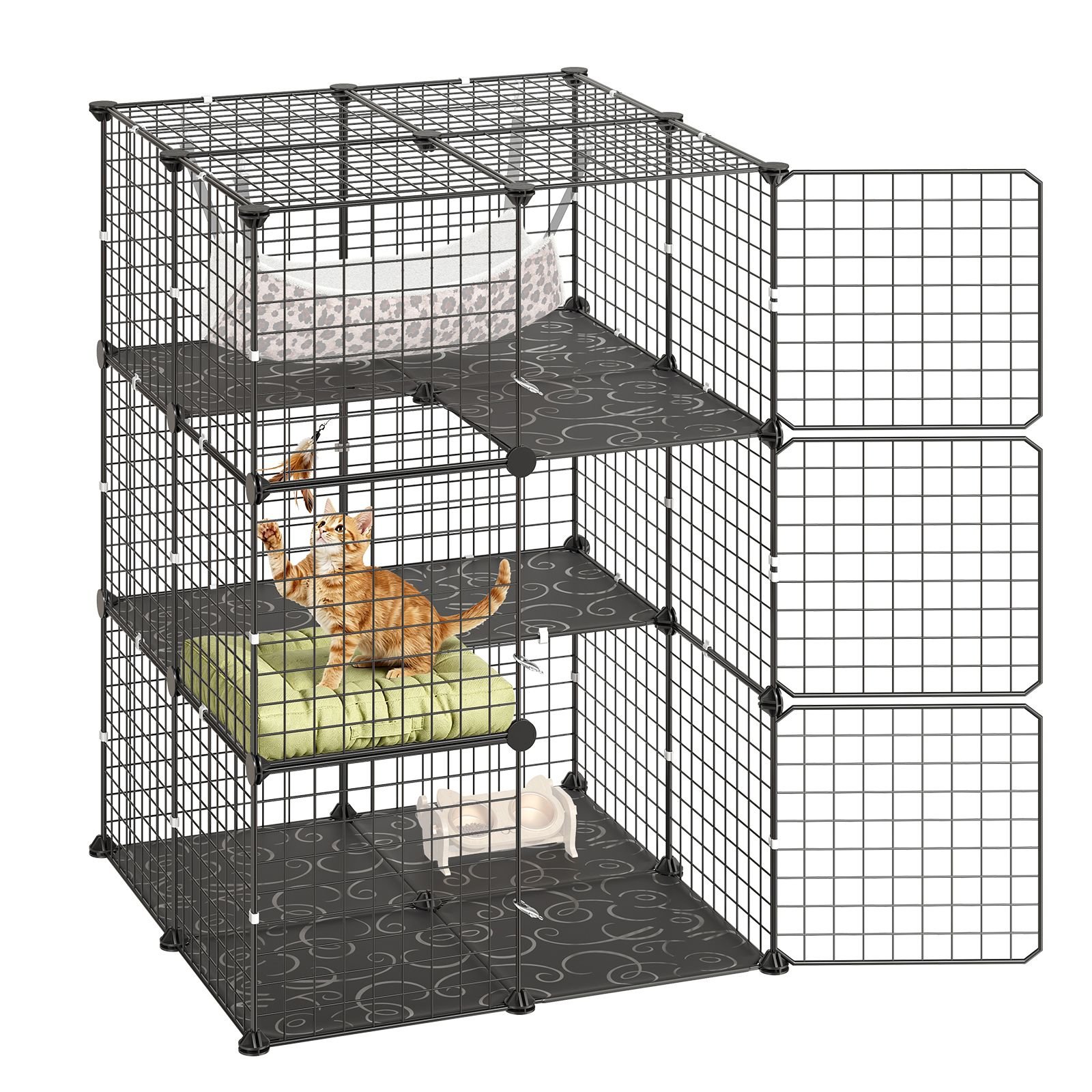 cat cage 3 tier 27.99"x27.99"x40.98" diy cat playpen with hammock, indoor enclosure detachable metal wire kennel crate, large exercise place ideal for 1 2 cats, kittens & small animals, black