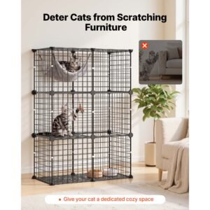 cat cage 3 tier 28"x13.98"x40.98" diy cat playpen indoor enclosure, detachable metal wire kennel crate, large exercise place ideal for 1 2 cats, kittens, rabbits, ferrets & small animals, black