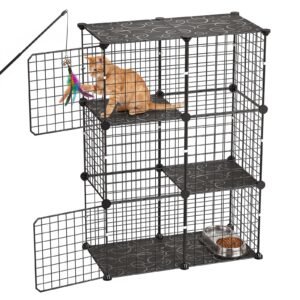 Cat Cage 3-Tier 28"x13.98"x40.98" DIY Cat Playpen Indoor Enclosure, Detachable Metal Wire Kennel Crate, Large Exercise Place Ideal for 1-2 Cats, Kittens, Rabbits, Ferrets & Small Animals, Black