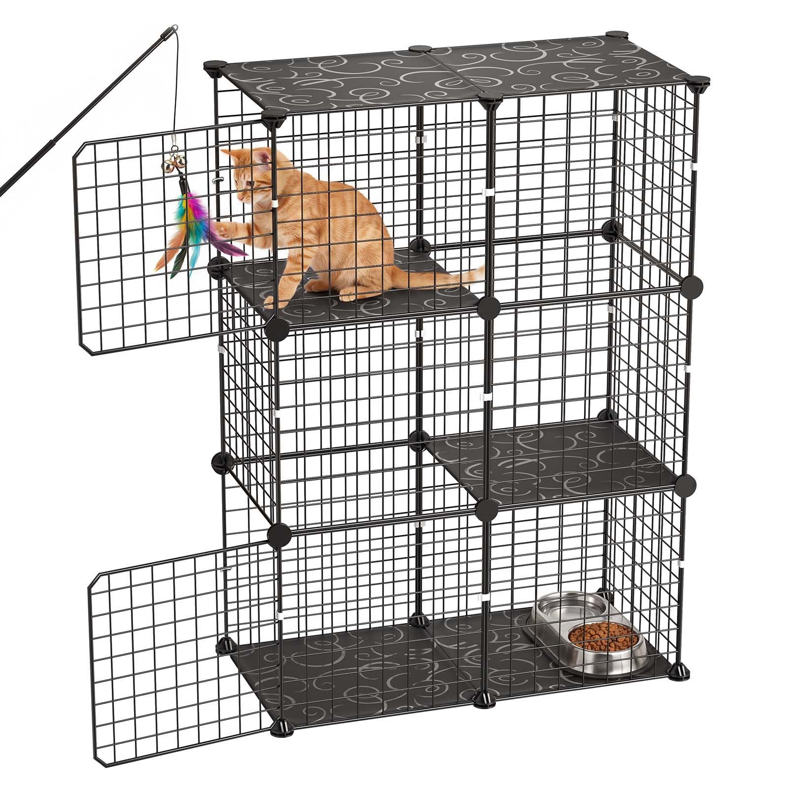 cat cage 3 tier 28"x13.98"x40.98" diy cat playpen indoor enclosure, detachable metal wire kennel crate, large exercise place ideal for 1 2 cats, kittens, rabbits, ferrets & small animals, black