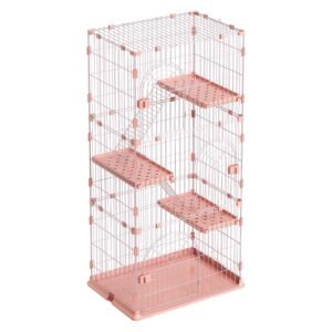 Cat Cage 4-Tier 33.07"x23.82"x64.37" DIY Cat Playpen with Ladders, Indoor Enclosure Detachable Metal Wire Kennel Crate, Large Exercise Place for 1-2 Cats, Kittens, Ferrets, Small Animals, Pink