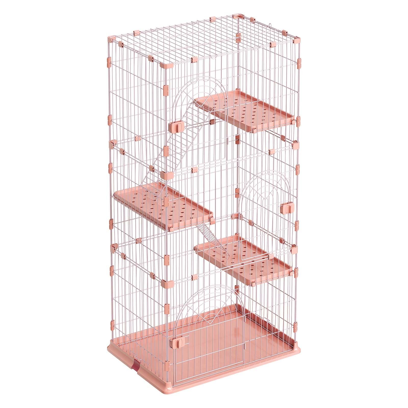 cat cage 4 tier 33.07"x23.82"x64.37" diy cat playpen with ladders, indoor enclosure detachable metal wire kennel crate, large exercise place for 1 2 cats, kittens, ferrets, small animals, pink