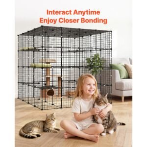 cat cage 4 tier 55"x55"x55" large diy cat playpen indoor enclosure, detachable metal wire kennel crate with 3 doors & locks, exercise place ideal for 2 3 cats, kittens and small animals, black