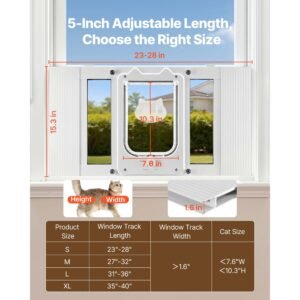 cat door for window, adjustable to fit window width 23" 28", 4 secure lock modes, aluminum frame and high transparency glass, magnetic closure, weatherproof quick fit pet door for cats, white