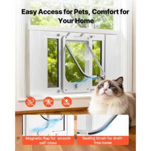cat door for window, adjustable to fit window width 23" 28", 4 secure lock modes, aluminum frame and high transparency glass, magnetic closure, weatherproof quick fit pet door for cats, white