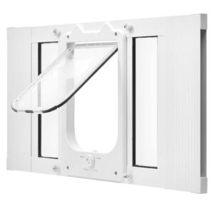 Cat Door for Window, Adjustable to Fit Window Width 23"-28", 4 Secure Lock Modes, Aluminum Frame and High-Transparency Glass, Magnetic Closure, Weatherproof Quick-Fit Pet Door for Cats, White