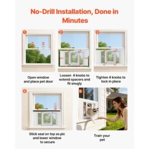 cat door for window, adjustable to fit window width 23" 28", 4 secure lock modes, aluminum frame and high transparency glass, magnetic closure, weatherproof quick fit pet door for cats, white
