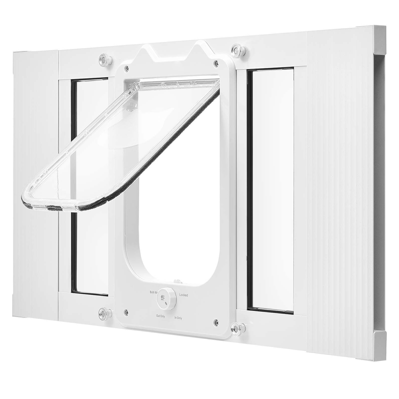 cat door for window, adjustable to fit window width 23" 28", 4 secure lock modes, aluminum frame and high transparency glass, magnetic closure, weatherproof quick fit pet door for cats, white