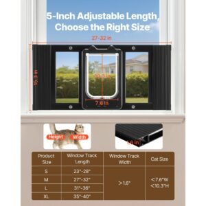 cat door for window, adjustable to fit window width 27" 32", 4 secure lock modes, aluminum frame and high transparency glass, magnetic closure, weatherproof quick fit pet door for cats, black