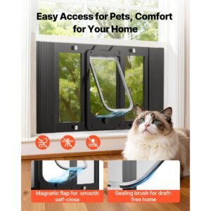 cat door for window, adjustable to fit window width 27" 32", 4 secure lock modes, aluminum frame and high transparency glass, magnetic closure, weatherproof quick fit pet door for cats, black