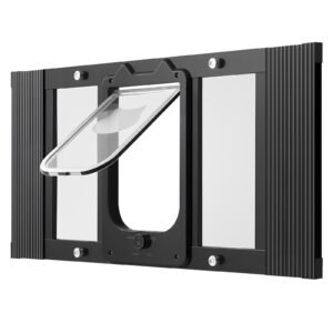 Cat Door for Window, Adjustable to Fit Window Width 27"-32", 4 Secure Lock Modes, Aluminum Frame and High-Transparency Glass, Magnetic Closure, Weatherproof Quick-Fit Pet Door for Cats, Black