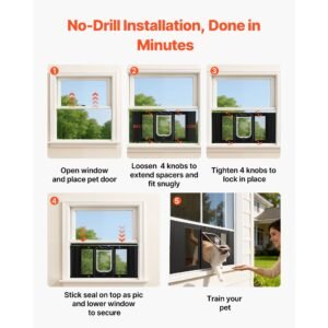 cat door for window, adjustable to fit window width 27" 32", 4 secure lock modes, aluminum frame and high transparency glass, magnetic closure, weatherproof quick fit pet door for cats, black