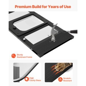 cat door for window, adjustable to fit window width 27" 32", 4 secure lock modes, aluminum frame and high transparency glass, magnetic closure, weatherproof quick fit pet door for cats, black