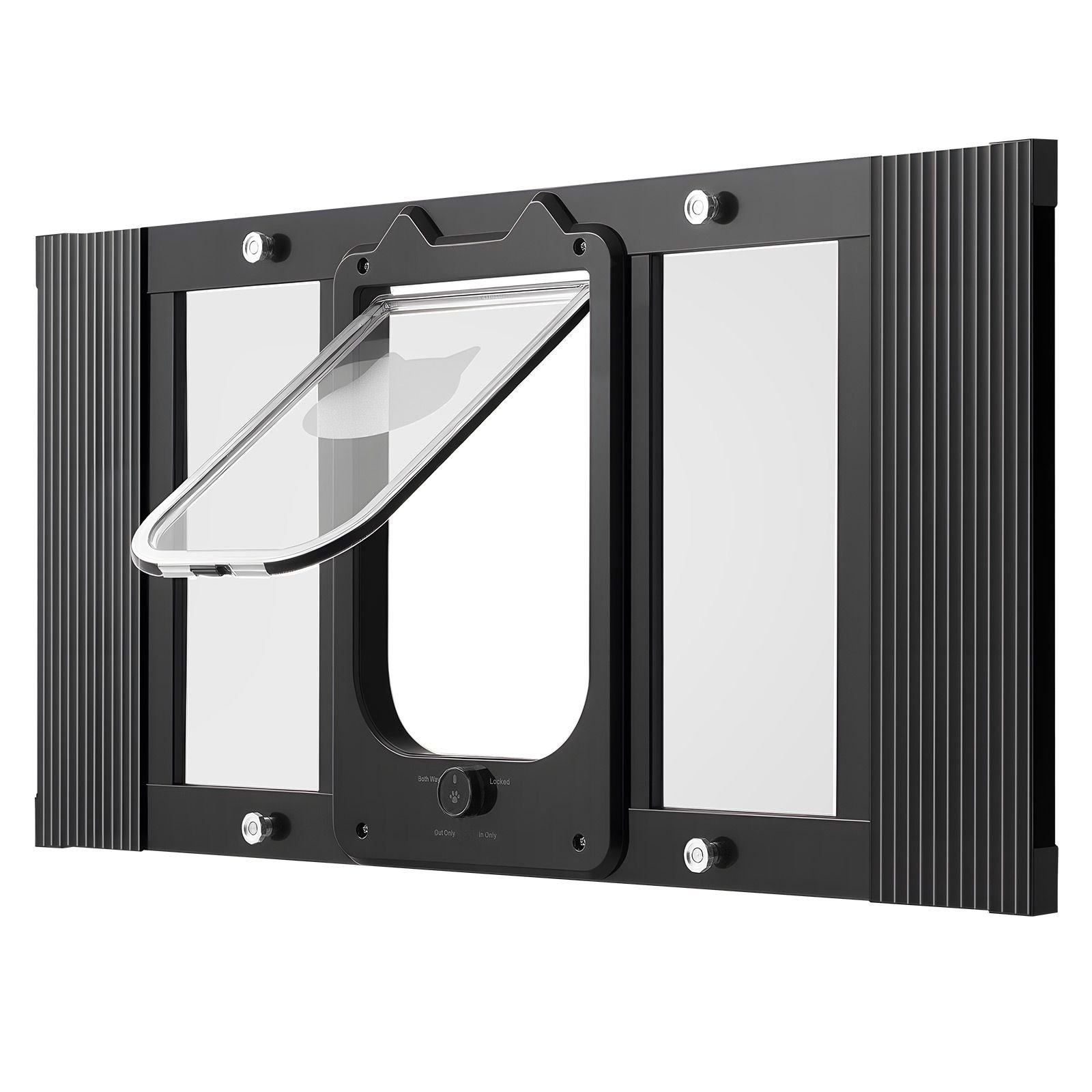 cat door for window, adjustable to fit window width 27" 32", 4 secure lock modes, aluminum frame and high transparency glass, magnetic closure, weatherproof quick fit pet door for cats, black