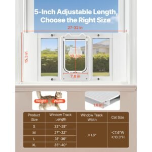 cat door for window, adjustable to fit window width 27" 32", 4 secure lock modes, aluminum frame and high transparency glass, magnetic closure, weatherproof quick fit pet door for cats, white