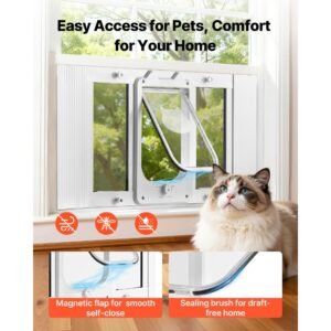 cat door for window, adjustable to fit window width 27" 32", 4 secure lock modes, aluminum frame and high transparency glass, magnetic closure, weatherproof quick fit pet door for cats, white