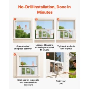 cat door for window, adjustable to fit window width 27" 32", 4 secure lock modes, aluminum frame and high transparency glass, magnetic closure, weatherproof quick fit pet door for cats, white
