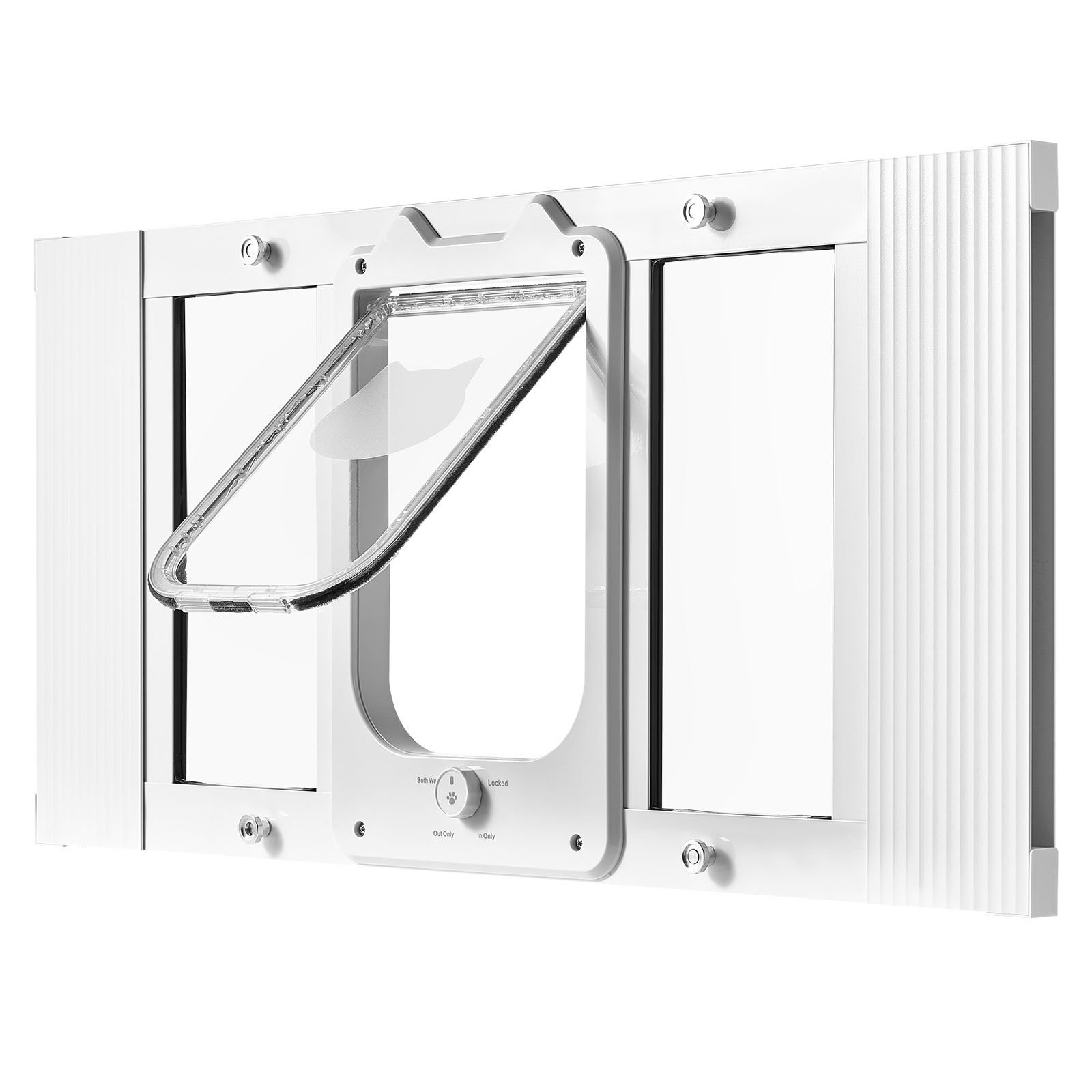 cat door for window, adjustable to fit window width 27" 32", 4 secure lock modes, aluminum frame and high transparency glass, magnetic closure, weatherproof quick fit pet door for cats, white