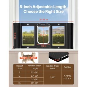 cat door for window, adjustable to fit window width 31" 36", 4 secure lock modes, aluminum frame and high transparency glass, magnetic closure, weatherproof quick fit pet door for cats, black