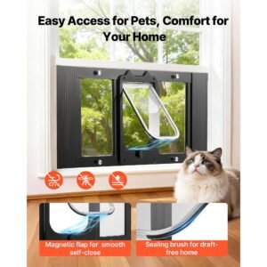 cat door for window, adjustable to fit window width 31" 36", 4 secure lock modes, aluminum frame and high transparency glass, magnetic closure, weatherproof quick fit pet door for cats, black