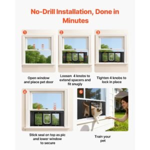 cat door for window, adjustable to fit window width 31" 36", 4 secure lock modes, aluminum frame and high transparency glass, magnetic closure, weatherproof quick fit pet door for cats, black