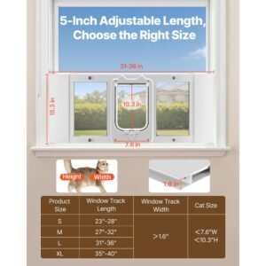 cat door for window, adjustable to fit window width 31" 36", 4 secure lock modes, aluminum frame and high transparency glass, magnetic closure, weatherproof quick fit pet door for cats, white