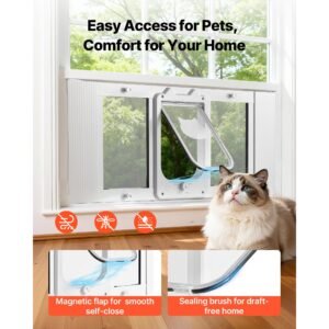 cat door for window, adjustable to fit window width 31" 36", 4 secure lock modes, aluminum frame and high transparency glass, magnetic closure, weatherproof quick fit pet door for cats, white